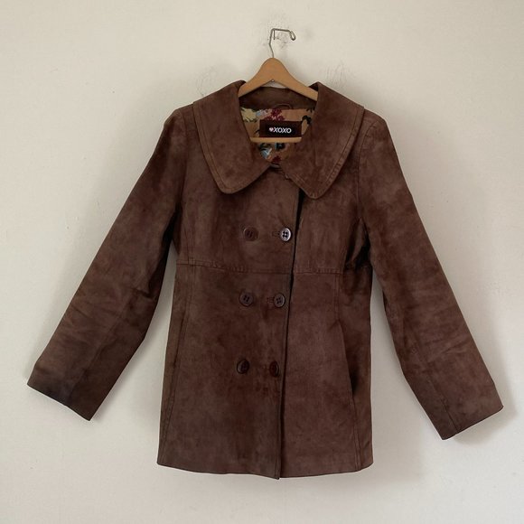 XOXO Chocolate Brown Suede Coat Double Breasted Jacket size L - Picture 8 of 14
